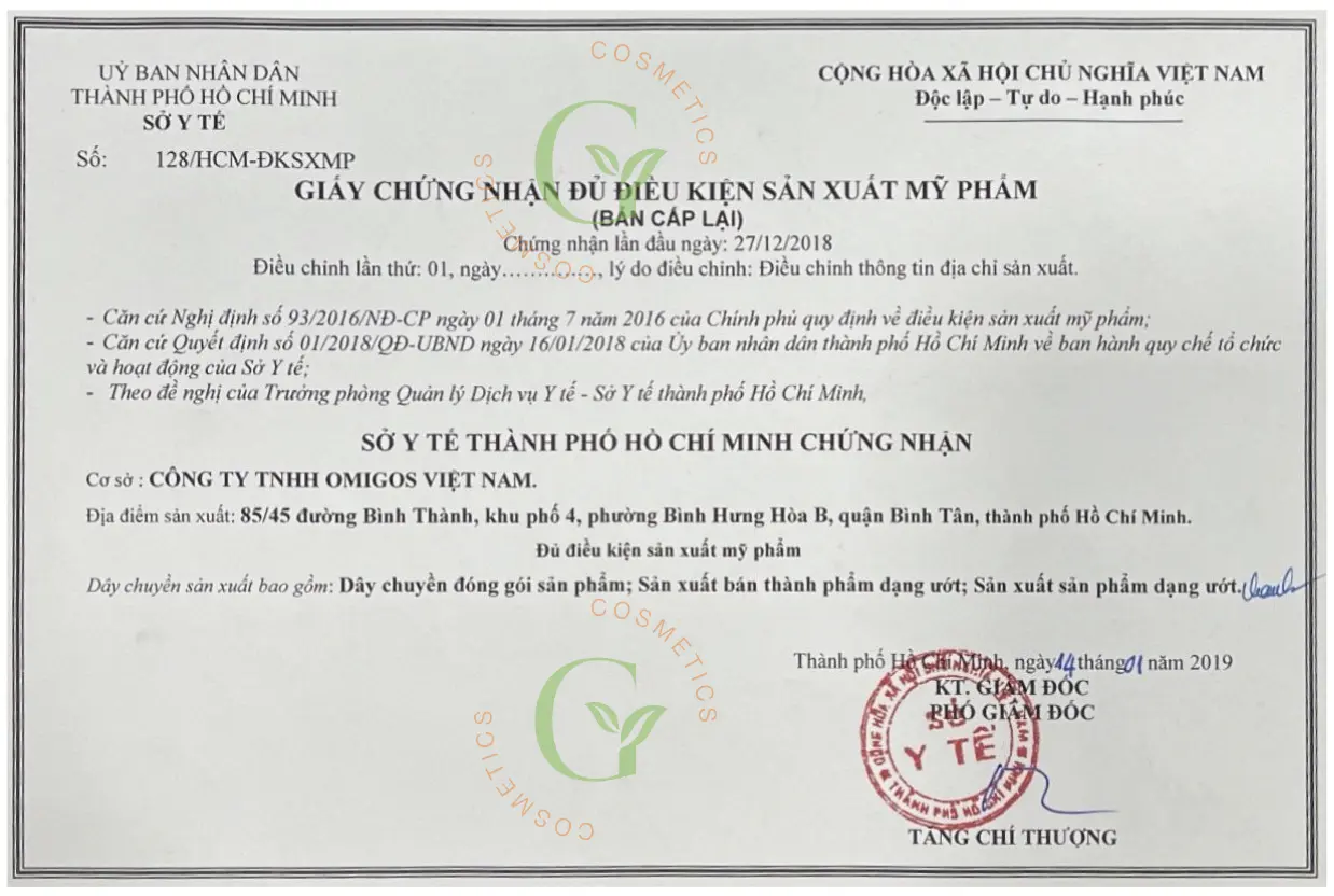 Giấy chứng nhận Omigos đủ điều kiện sản xuất mỹ phẩm