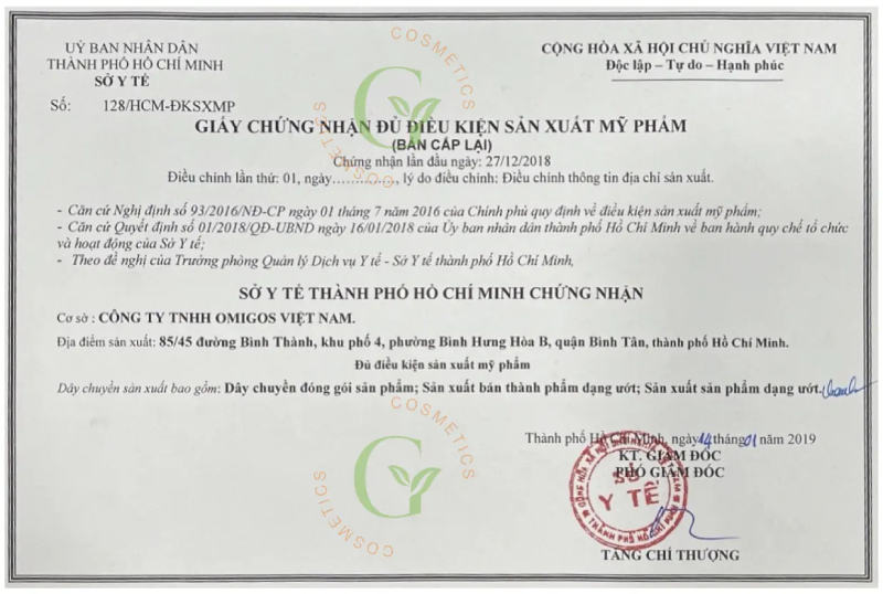 Đơn vị gia công mỹ phẩm Omigos đạt chứng nhận Bộ Y tế