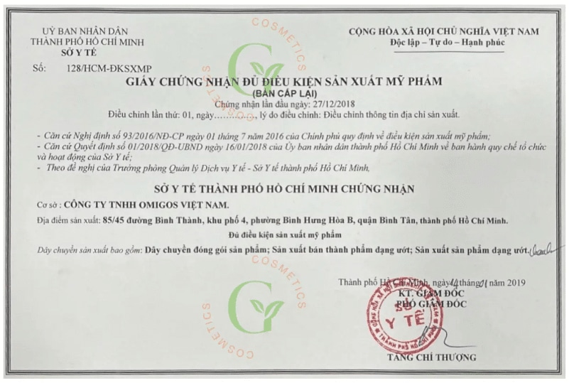 Giấy chứng nhận từ Bộ Y tế