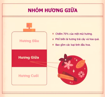Nốt hương giữa xuất hiện sau khi nốt hương đầu dần bay đi, được xem là “trái tim” của nước hoa. Đây là tầng hương thể hiện rõ nhất đặc trưng mùi hương và cá tính của sản phẩm.