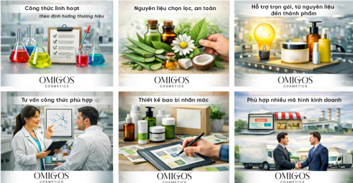 Gia công tại Omigos giúp doanh nghiệp tối ưu chi phí với quy trình sản xuất chuyên nghiệp, nguyên liệu chọn lọc và đạt chuẩn an toàn. Omigos đồng hành trọn gói từ ý tưởng, công thức đến thành phẩm, giúp bạn nhanh chóng ra mắt sản phẩm mang dấu ấn riêng.