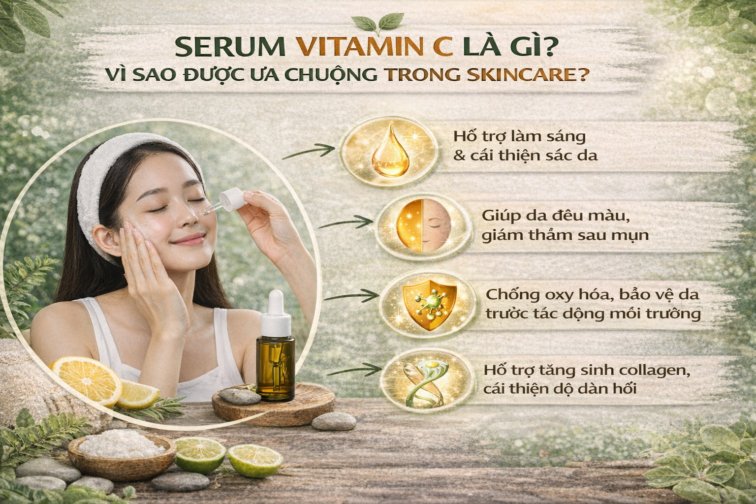 Vitamin C giúp da trông sáng hơn, đều màu, hỗ trợ làm mờ cảm giác thâm sạm và thiếu sức sống.Đồng thời góp phần tăng cường hàng rào bảo vệ da, cho làn da mịn màng và tươi tắn hơn mỗi ngày.