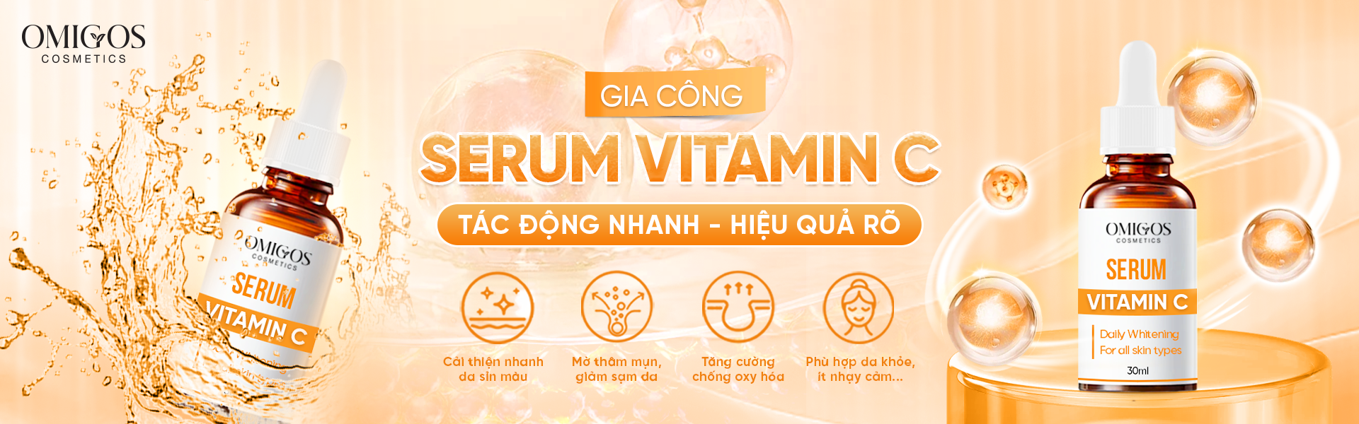 Vitamin C giúp da trông sáng hơn, đều màu, hỗ trợ làm mờ cảm giác thâm sạm và thiếu sức sống.Đồng thời góp phần tăng cường hàng rào bảo vệ da, cho làn da mịn màng và tươi tắn hơn mỗi ngày.
